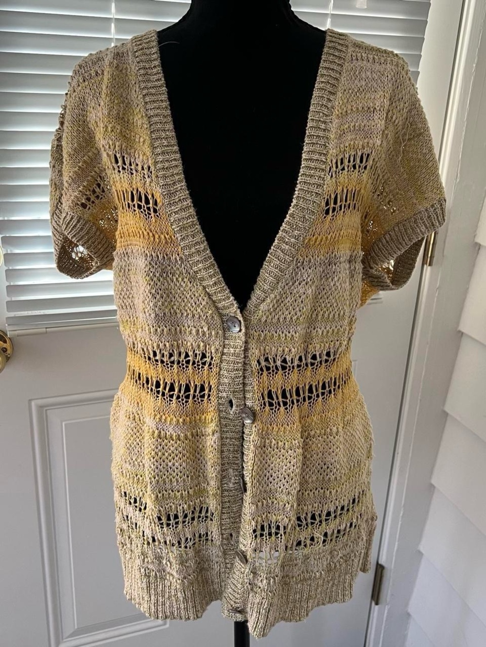 Cottagecore Lightweight Beige and Yellow Knit Button-Front Women's Sweater